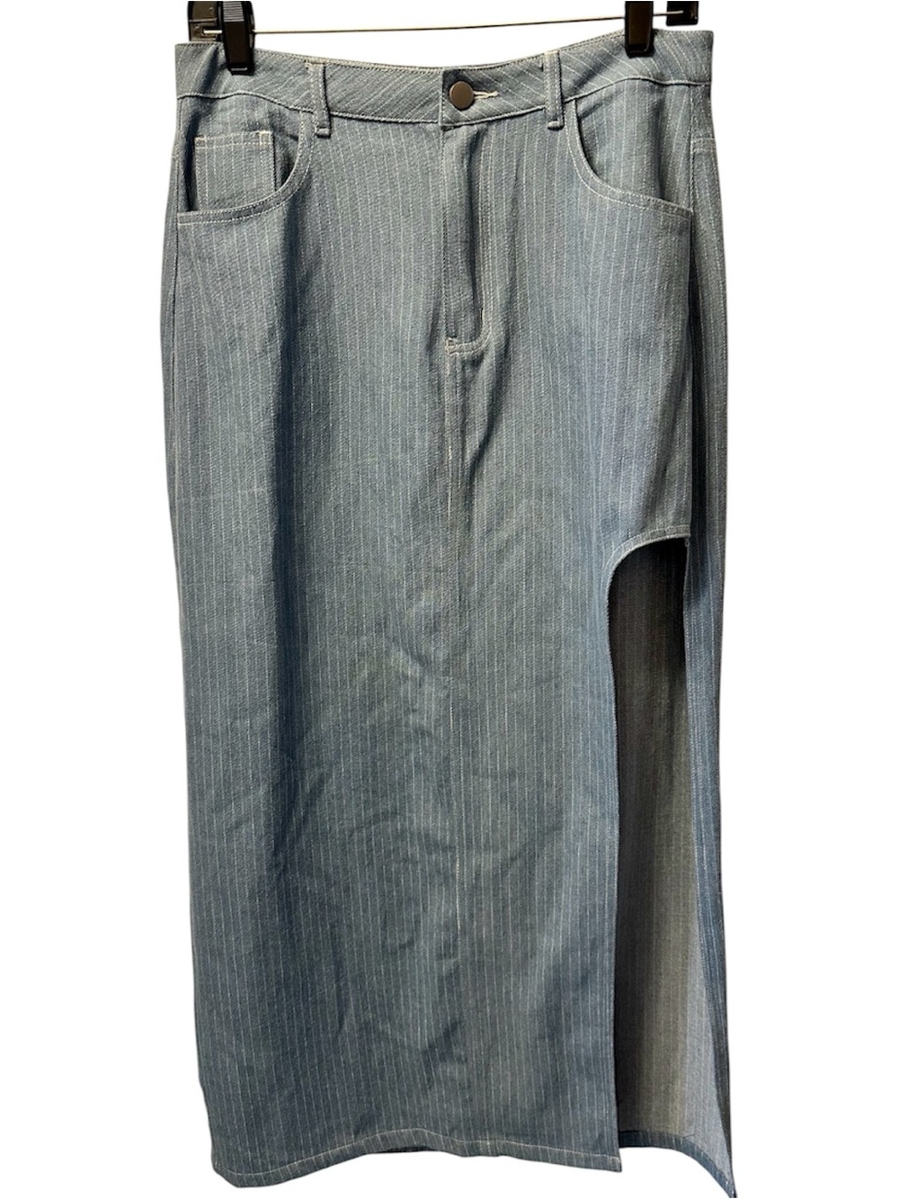 Sage the Label Striped Denim Maxi Skirt with Side Slit - Light Blue